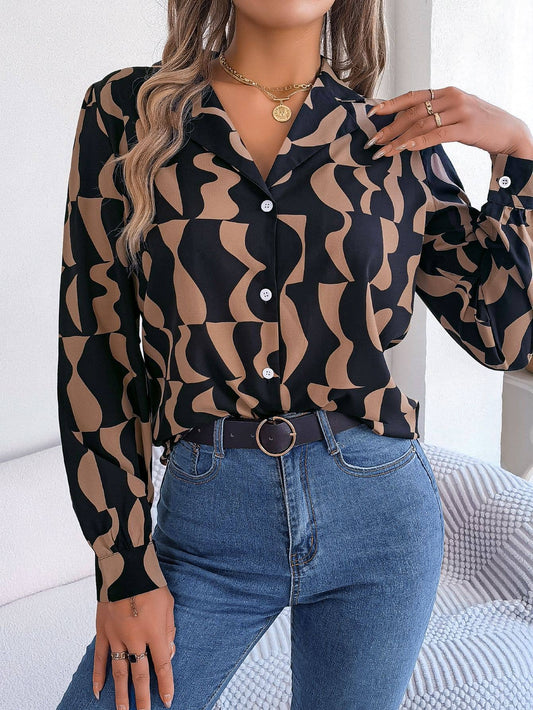 Chic Fall Brown and Black Patterned Long Sleeve Blouse